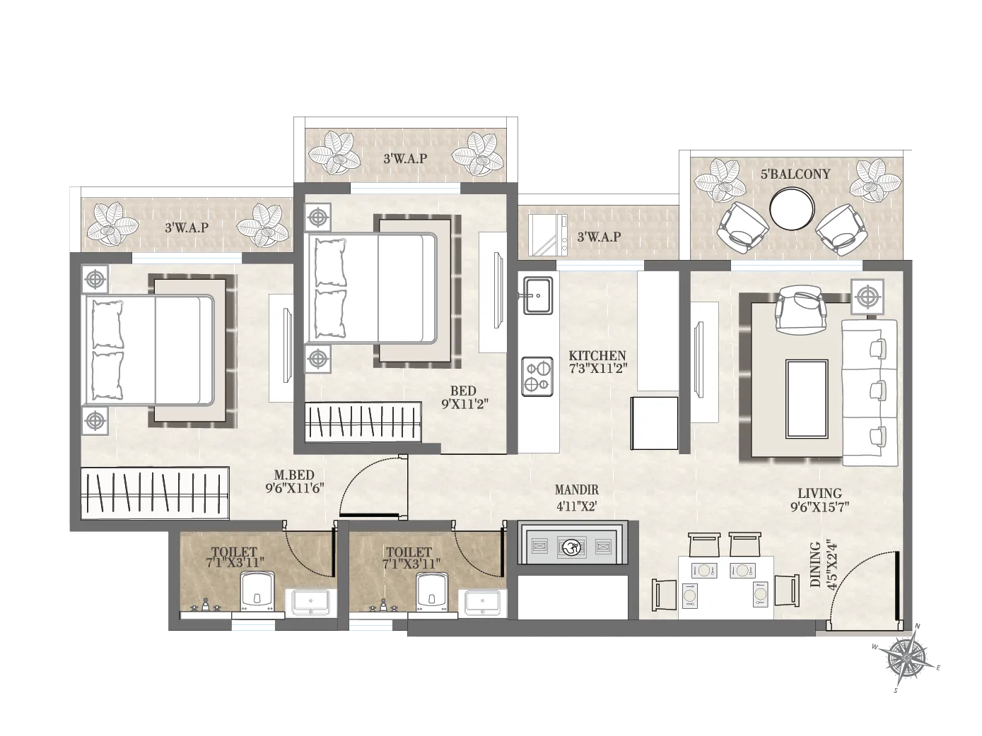 Floor plan of 2 BHK Unit
