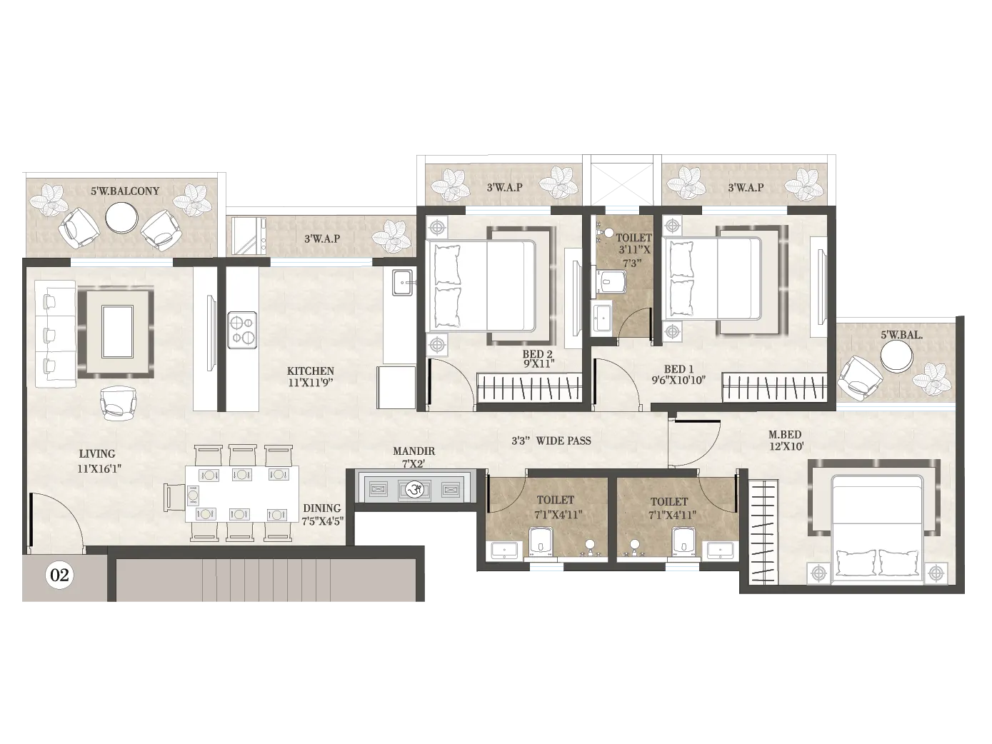 Floor plan of 3 BHK Unit